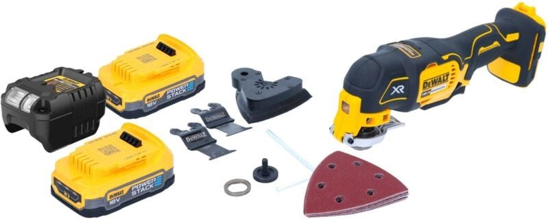 DeWalt DCS 355 E2 Akku Oszillierer Multitool 18 V Brushless + 2x Powerstack Akku 1,7 Ah + Ladegerät + Zubehör