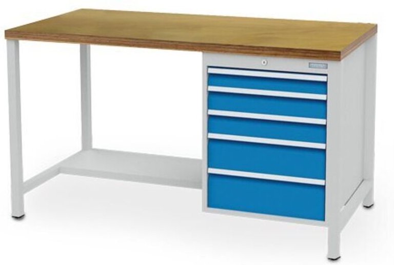 Kastenwerkbank Breite 1500 mm, R18-24, 5 x Schublade, Stahlfachboden halbe Tiefe Maße in mm (BxTxH): 1500 x 750 x 959