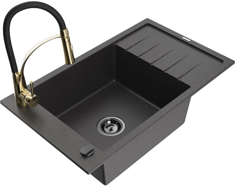 Mexen Elias 1 Becken-Granitspüle mit Abtropffläche und Mischbatterie Aster, Schwarz gesprenkelt - 6511-76-73450-57-B