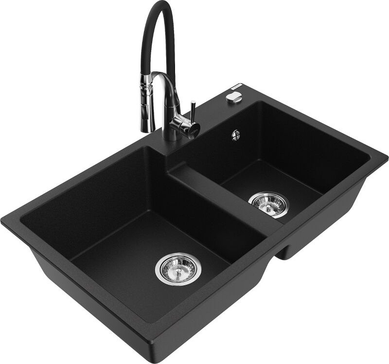 Tomas 2-Becken-Granitspüle mit Mischbatterie Aster, Schwarz - 6516-77-73450-07 - Mexen