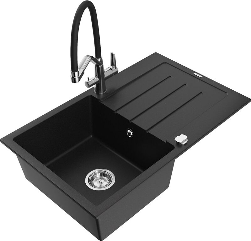 Bruno 1 Becken-Granitspüle mit Abtropffläche und Mischbatterie Duo, Schwarz - 6513-77-671701-0 - Mexen