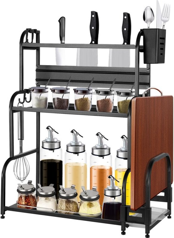 Haloyo - Gewürzregal Edelstahl Küchenaufbewahrungsregal mit Haken Gewürzständer Gewürzhalter 48x22x60cm Schwarz