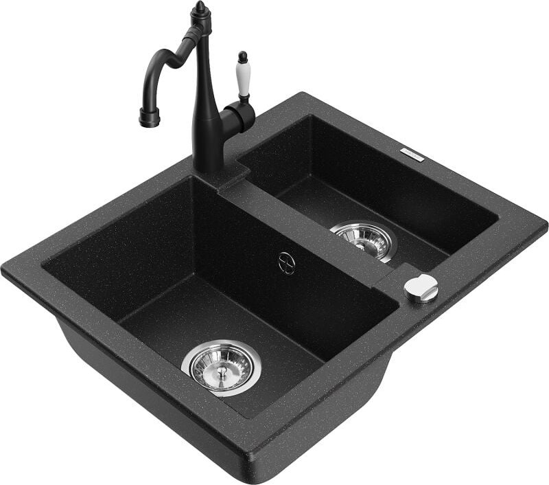 Carlos 1,5-Becken-Granitspüle mit Mischbatterie Carla, Schwarz/Silbermetallic - 6518-73-670700-70 - Mexen