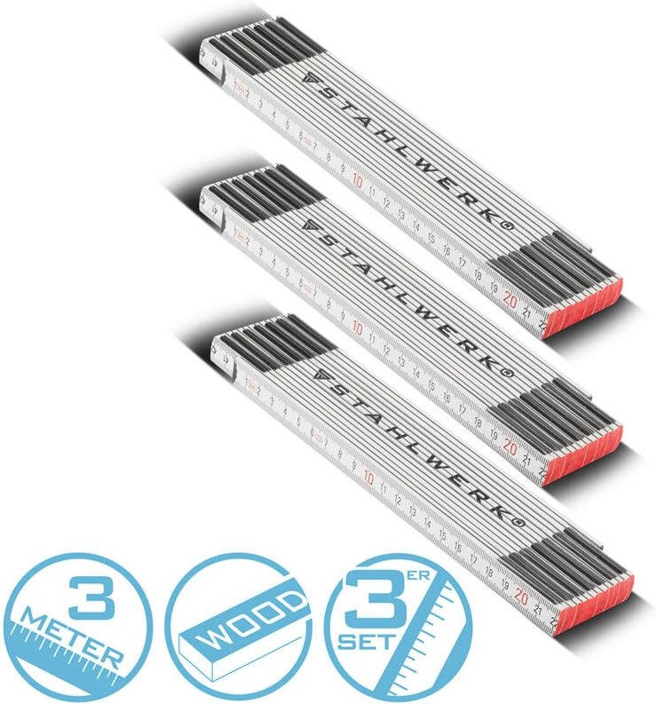Stahlwerk - Zollstock 3er Set 3 Meter präziser Holz-Gliedermaßstab, Meterstab
