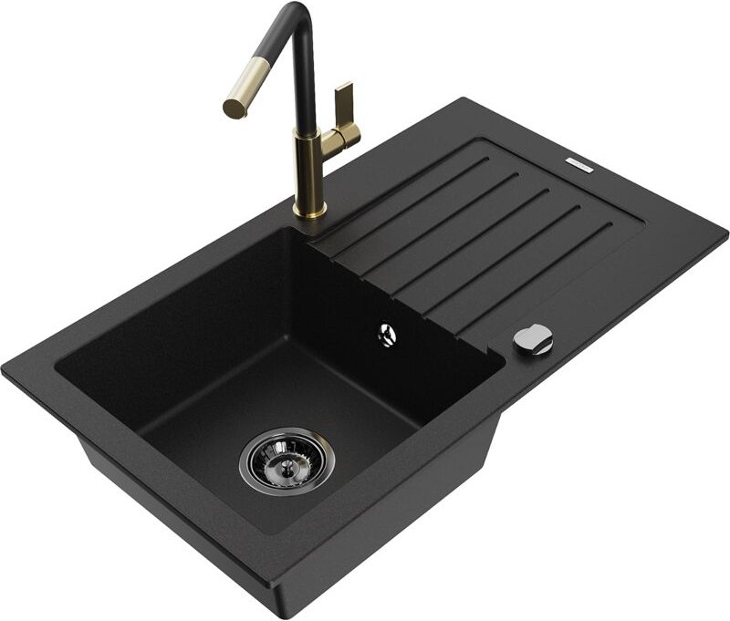 Pablo 1 Becken-Granitspüle mit Abtropffläche und Mischbatterie Flora, Schwarz - 6510-77-670401 - Mexen