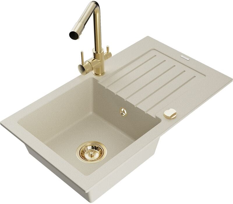 Pablo 1 Becken-Granitspüle mit Abtropffläche und Mischbatterie Duero, Beige - 6510-69-671600-5 - Mexen