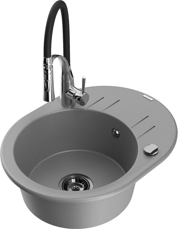 Kevin 1 Becken-Granitspüle mit Abtropffl√§che und Mischbatterie Aster, Grau - 6517-71-73450-07-B - Mexen