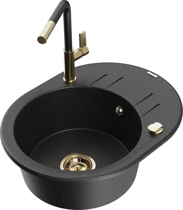 Mexen Kevin 1 Becken-Granitspüle mit Abtropffläche und Mischbatterie Flora, Schwarz/Silbermetallic -