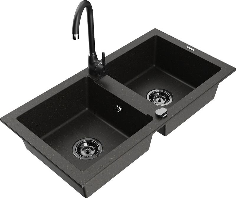 Mario 2-Becken-Granitspüle mit Mischbatterie Telma, Schwarz/Gold - 6504-75-670200-70-B - Mexen