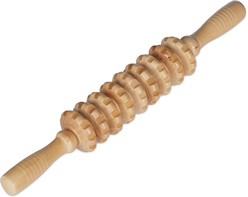 Relaxdays Massage Roller Holz, Massagestab mit 2 Griffen, manuelles Massagegerät für Rücken, Nacken, Arme & Beine, natur