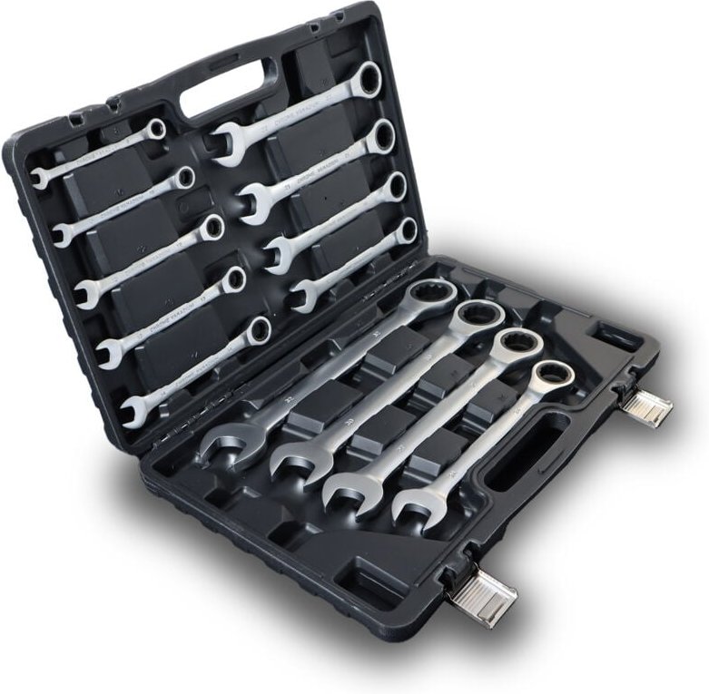 13-tlg. Ratschenringschlüssel Set Ring-Maulschlüssel aus Chrom-Vanadium-Stahl 8–32 mm mit Ratsche im praktischen Kunstst...