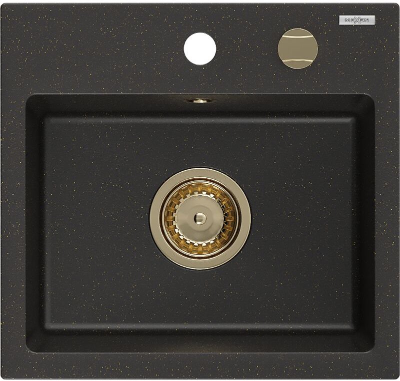 Milo 1-Becken-Granit-Spüle 435 x 410 mm, Schwarz/Gold metallisch, Siphon Gold - 6505441000-75- - Mexen