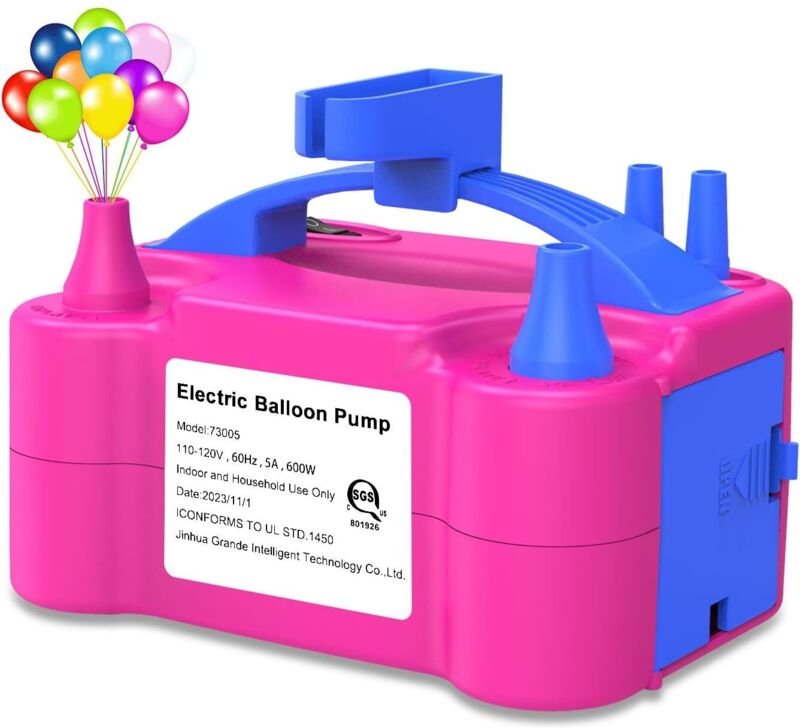 Aiperq - Elektrische Ballonpumpe, Tragbares Elektrisches Ballongebläse, Ballonluftpumpe, Doppeldüse, Rosaroter Ballon-In...
