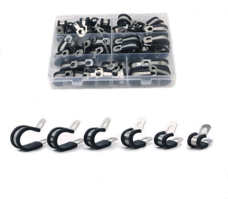 52-teiliges Gummi-Kabelbinder-P-Clip-Schlauchschellen-Set aus Edelstahl, 6 Größen: 6/8/10/13/16/19 mm