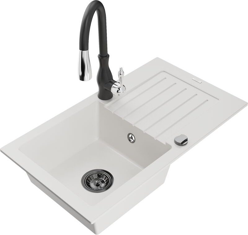 Pablo 1 Becken-Granitspüle mit Abtropffläche und Mischbatterie Savita, Weiß - 6510-20-672601-7 - Mexen
