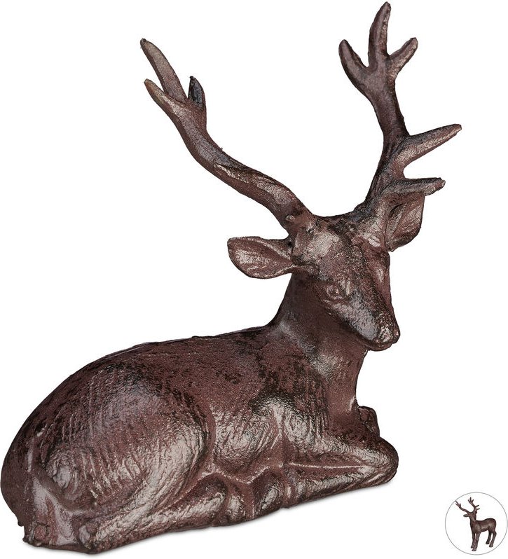 Hirsch Figur, sitzender Deko Hirsch, antik & rustikal, wetterfest, Garten, Balkon, Gusseisen, Reh Figur, braun - Relaxda...