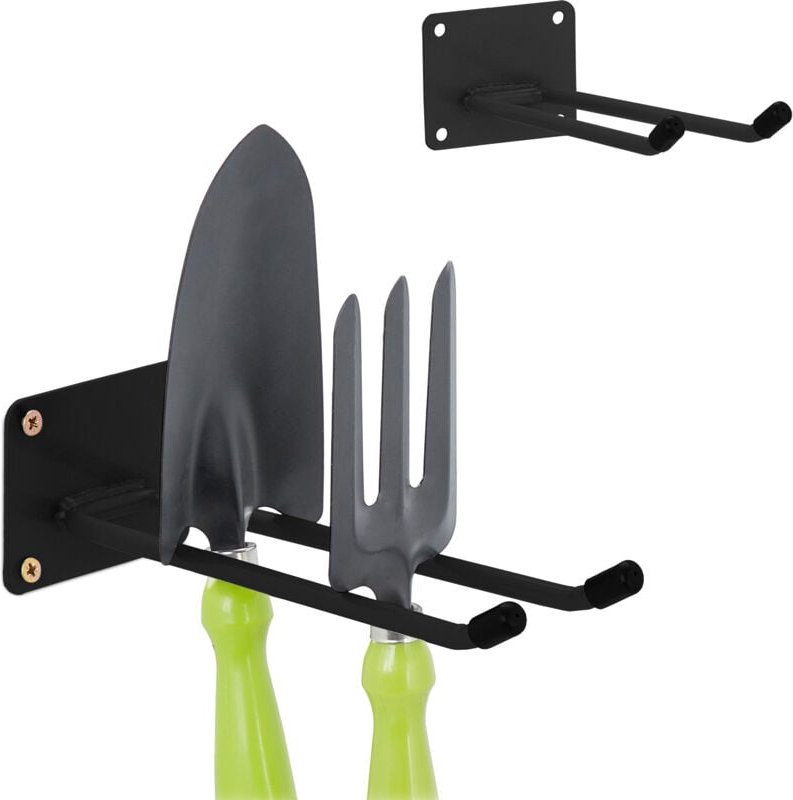 Relaxdays - Wandhaken, 2er Set, 24 cm lang, Doppelhaken Wand, Gerätehalter Garage, Werkstatt & Keller, Stahl, schwarz