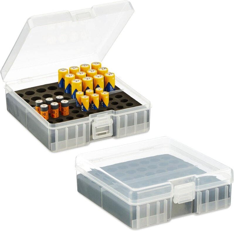 Batteriebox, 2er Set, für 60 aa & aaa Batterien, HxBxT: 5,5 x 15 x 15,5 cm, Batteriekiste, transparent/schwarz - Relaxda...