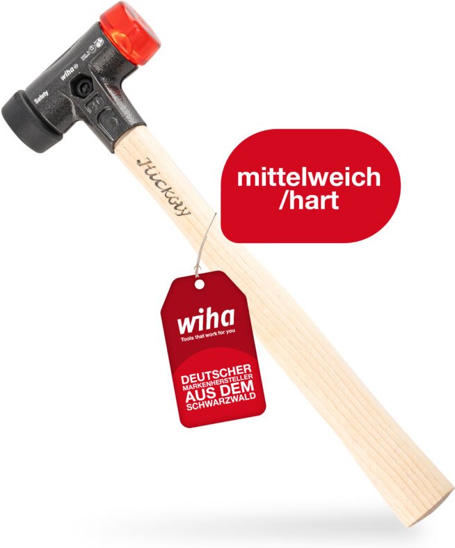 Wiha Schonhammer Safety mittelweich und hart (26611) I Gummihammer mit hochwertigem Hickory Holzstiel I Rund-Schlagkopf ...