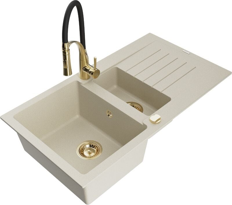 Matias 1,5-Becken-Granitspüle mit Abtropffl√§che und Mischbatterie Aster, Beige - 6502-69-73450-57-G - Mexen