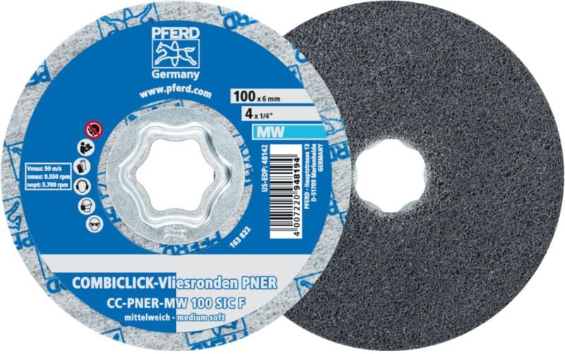 PFERD COMBICLICK verpresste Vliesronde CC PNER Ø 100mm Mittelweich SIC Fein für Finish 5 Stk