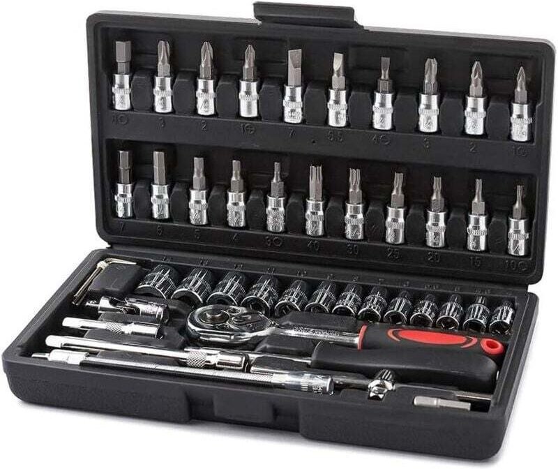 46-teiliger Chrom-Vanadium-Steckschlüsselsatz, 1/4 Zoll, Adaptersatz, DIY-Auto-Steckschlüsselkasten – RW