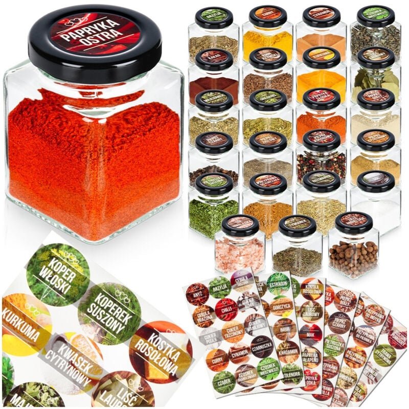 24x Gewürzbehälter für die Küche, Gläser + Etiketten
