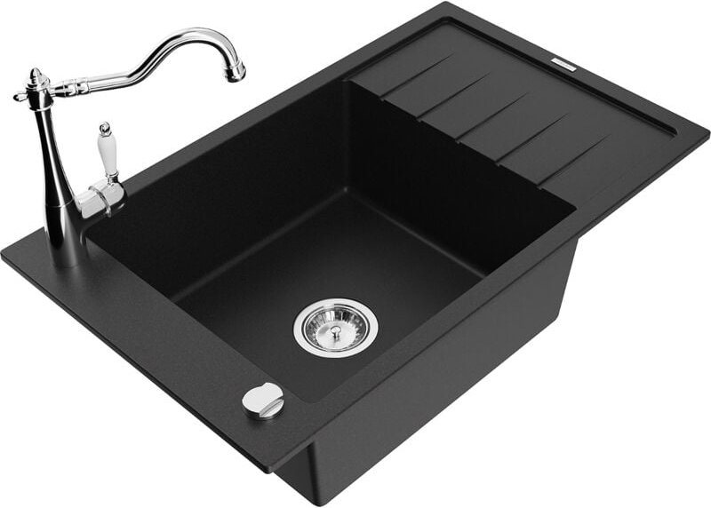 Elias 1 Becken-Granitspüle mit Abtropffläche und Mischbatterie Carla, Schwarz - 6511-77-670700 - Mexen