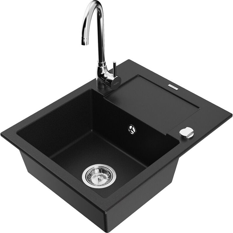 Enzo 1 Becken-Granitspüle mit Abtropffläche und Mischbatterie Telma, Schwarz - 6506-77-670200- - Mexen