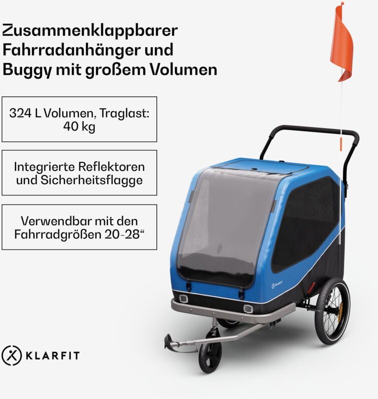 Anhänger für 2 Haustiere mit 324 l Volumen, Hybrid-Buggy mit solider Stahlrahmenkonstruktion, integrierten Reflektoren &...