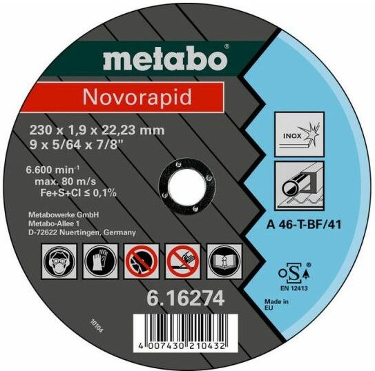 Thumbnail - Metabo - Novorapid 230 x 1,9 x 22,23 mm, Inox, Trennscheibe, gerade Ausführung (616274000)