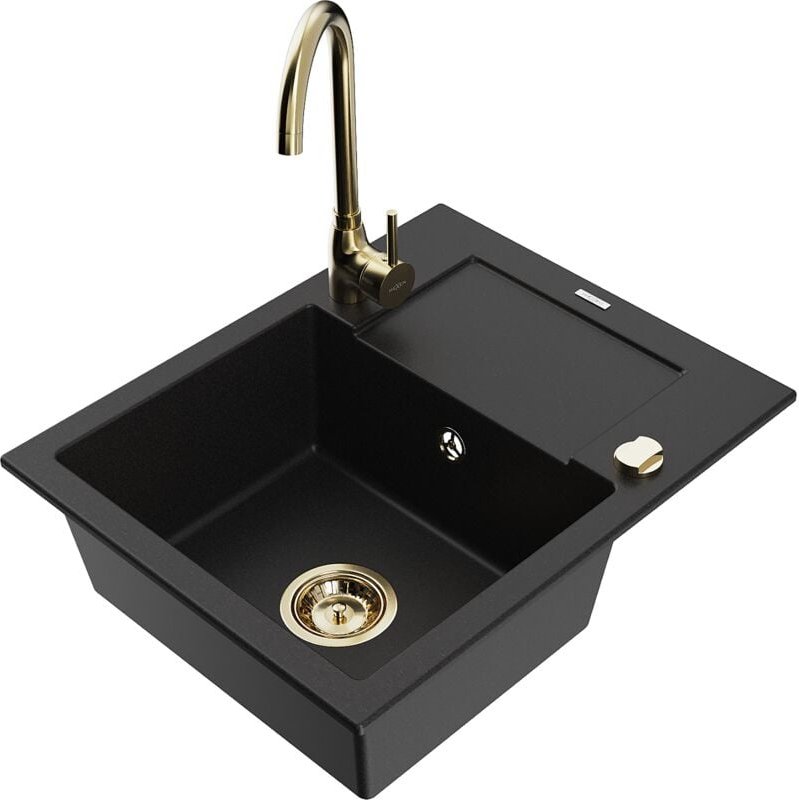 Enzo 1 Becken-Granitspüle mit Abtropffläche und Mischbatterie Telma, Schwarz - 6506-77-670200- - Mexen