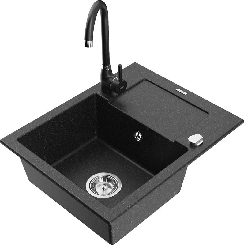 Enzo 1 Becken-Granitspüle mit Abtropffläche und Mischbatterie Telma, Schwarz/Silber - 6506-73- - Mexen