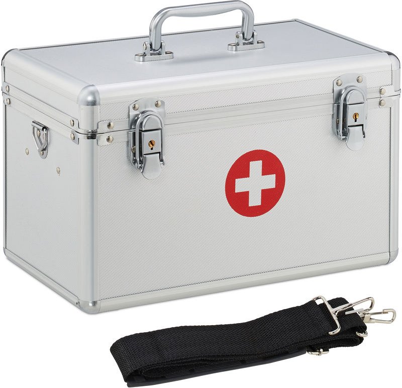 Relaxdays Erste Hilfe Koffer, Verbandskasten Alu mit Tragegurt, leer, Medizinbox für Notfälle, HBT: 19x32x20 cm, silber