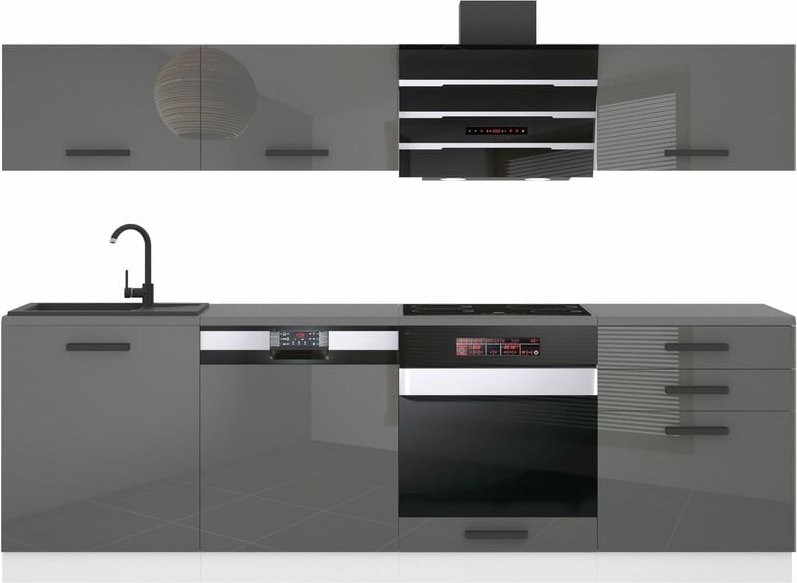 Küchenzeile Küchenblock Linda - Küchenmöbel 240 cm Einbauküche Vollausstattung ohne Elektrogeräten mit Hängeschränke und...