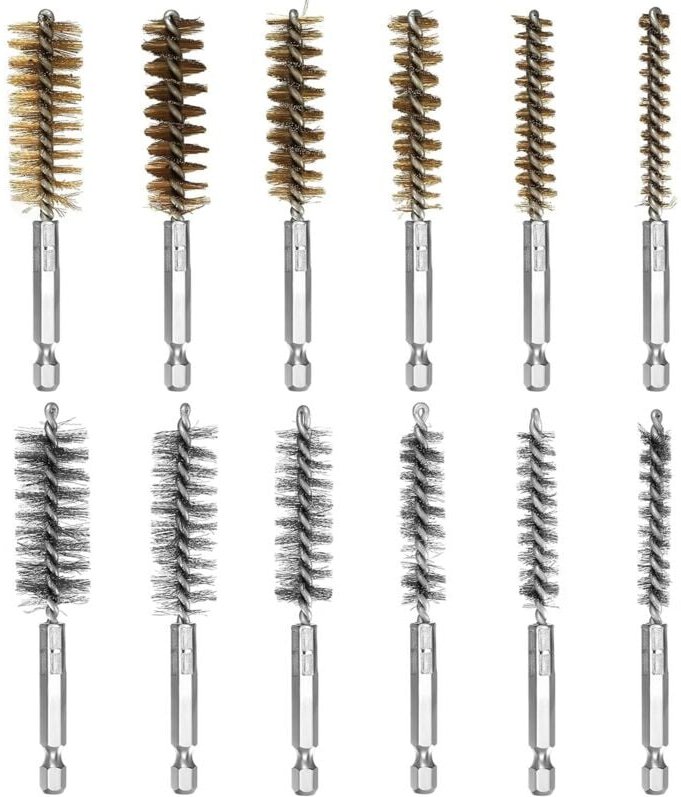 12-teiliges Drahtbürstenset für Bohrmaschinen: 6 Edelstahlbürsten und 6 Kupferbürsten, runde Zylinderbürste mit Sechskan...