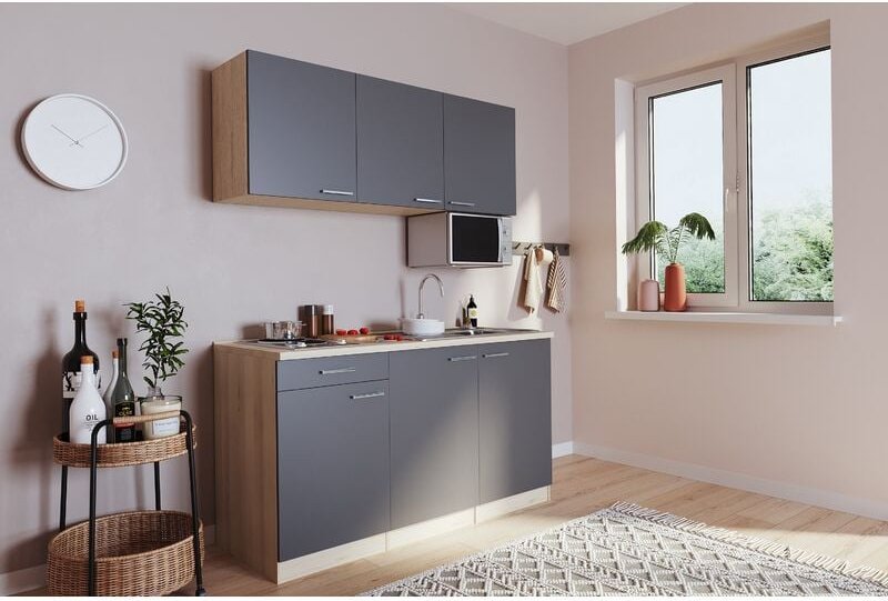 Küche Miniküche Single Luis 150 cm Eiche Grau ohne Kühlschrank Respekta