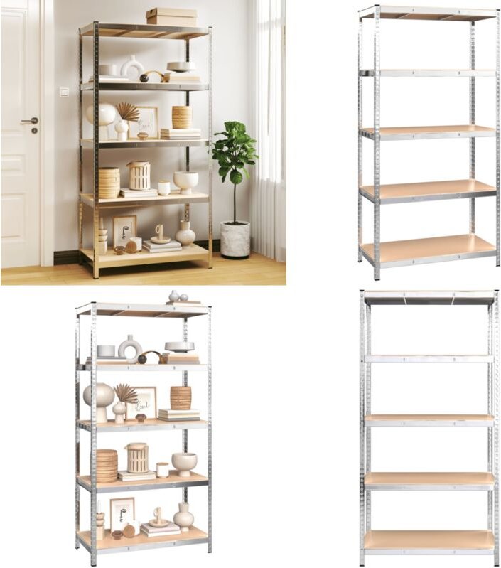 Lagerregal mit 5 Böden Silbern Stahl & Holzwerkstoff - Lagerregal - Industrieregals - Metallregal - Werkzeugschrank - Ho...