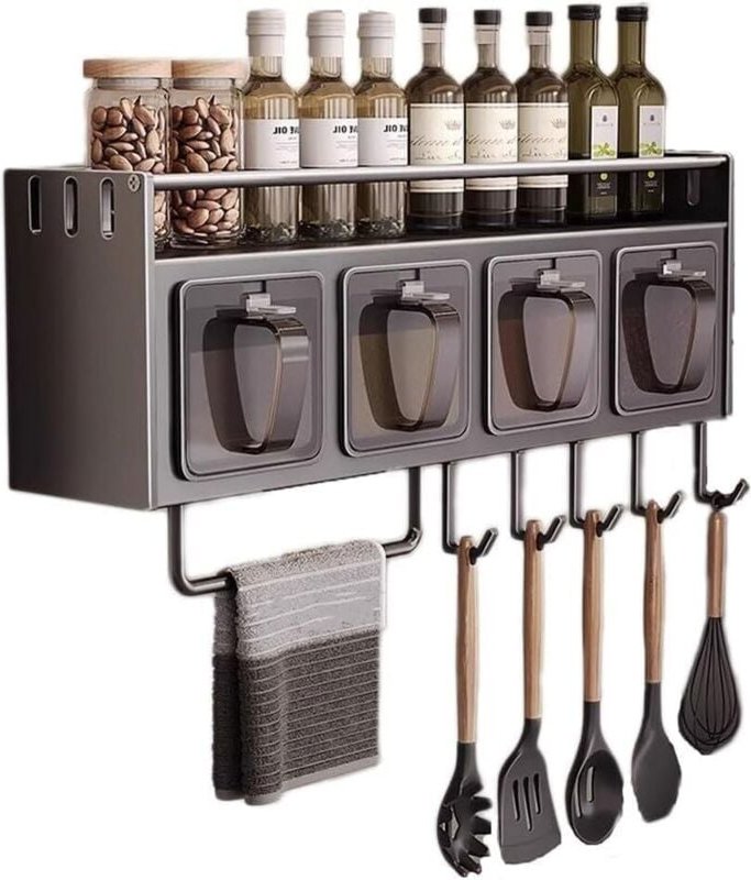 Gewürzregal aus Edelstahl zur Wandmontage mit Haken – Hängeregal über dem Herd, Küchenutensilien-Organizer für Löffel un...
