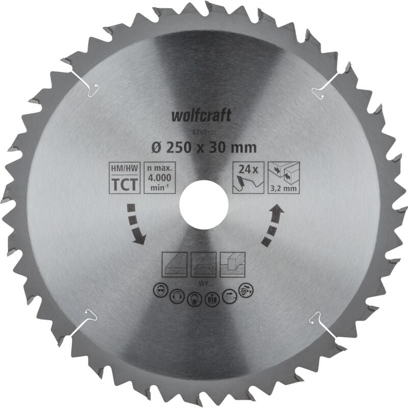 Wolfcraft - i Tischkreissägeblatt hm, Serie braun i 6740000 i ø 250 mm, 24 Zähne, schnelle, grobe SchnitteI Sägeblatt i ...