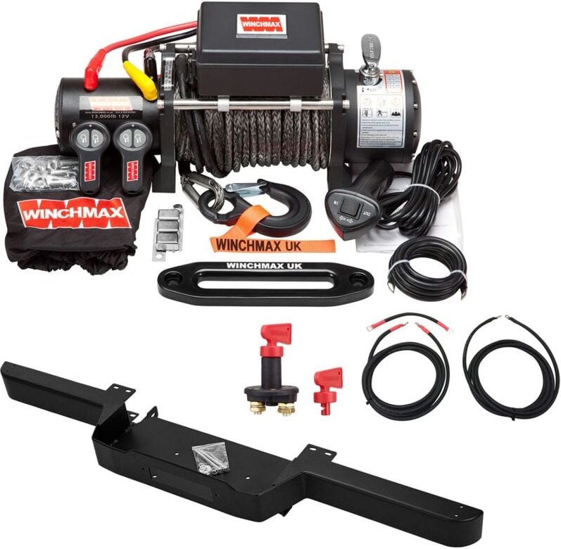 6.123 kg 12-V-Winde in Militärqualität. Defender-Stoßstange. 28 m x 11 mm Dyneema-Seil. Verkabelungssatz und Isolator.