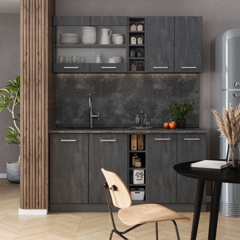 Vicco - Mini-Küche R-Line, Schwarz Beton/Anthrazit, 160 cm ap Marmor