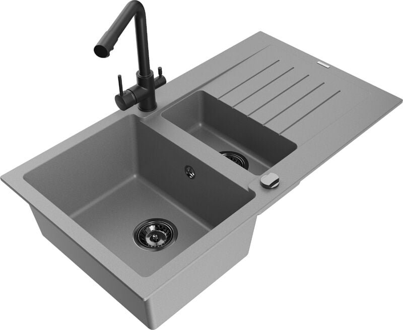 Mexen Matias 1,5-Becken-Granitspüle mit Abtropffläche und Mischbatterie Duero, Grau - 6502-71-671600