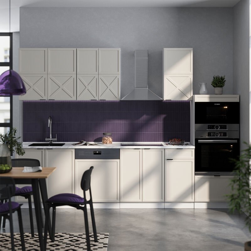 Küchenzeile Fame-Line, GrauBeige/Weiß, 300 cm mit Hochschrank, AP Eiche, Vicco