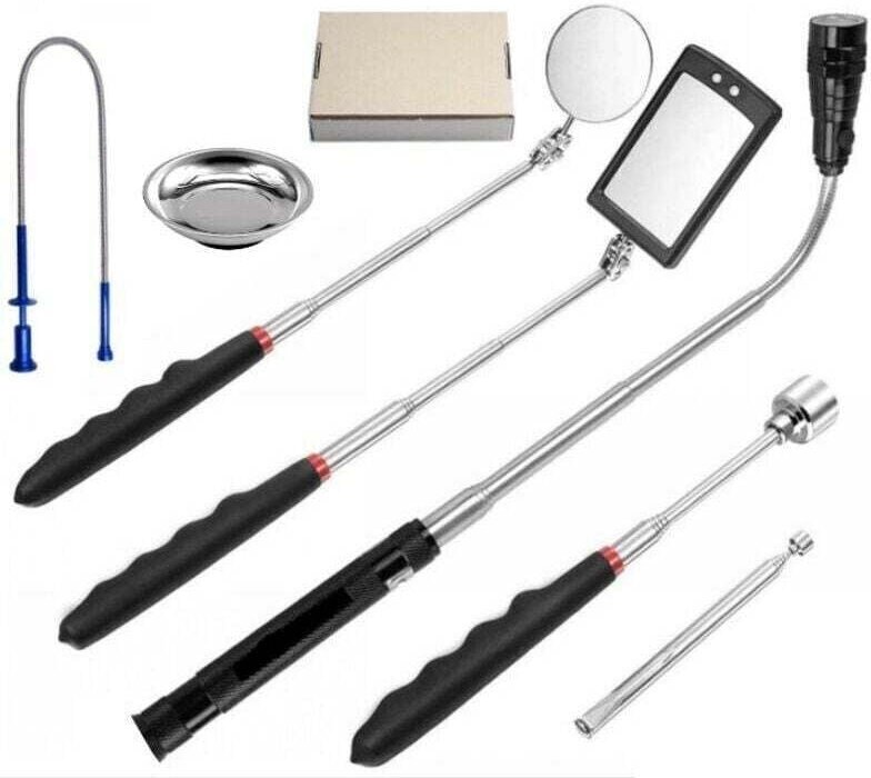 UlisemCar Inspektionsspiegel, rund, Teleskop-Inspektionsspiegel, flexibler Saugstangen-Picker mit Licht, 7-teiliges Set