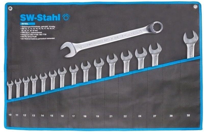 SW-Stahl 00193L Gabelringschlüsselsatz 10-32 mm gekröpft, 16-teilig I Maulschlüssel-Set I Ringschraubenschlüssel I Doppe...