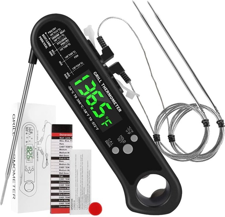 3-in-1-Digital-Fleischthermometer, Lebensmittelthermometer mit sofortiger Anzeige und 2 abnehmbaren kabelgebundenen Sond...