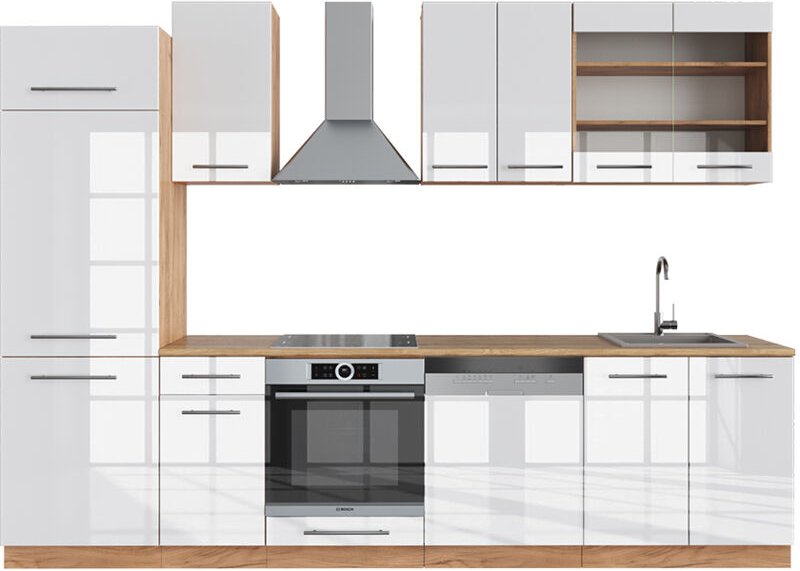 Vicco - Küchenzeile Fame-Line, Weiß Hochglanz/Goldkraft Eiche, 300 cm , ap Eiche