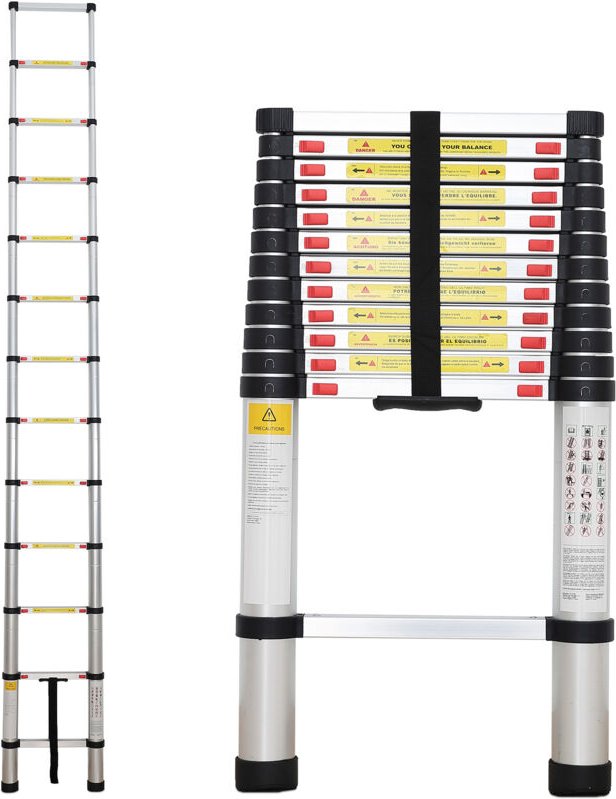 HOME Teleskopleiter 3,8 m, multifunktional, Aluminium, 10 Sprossen, 150 kg (ohne Tragetasche)