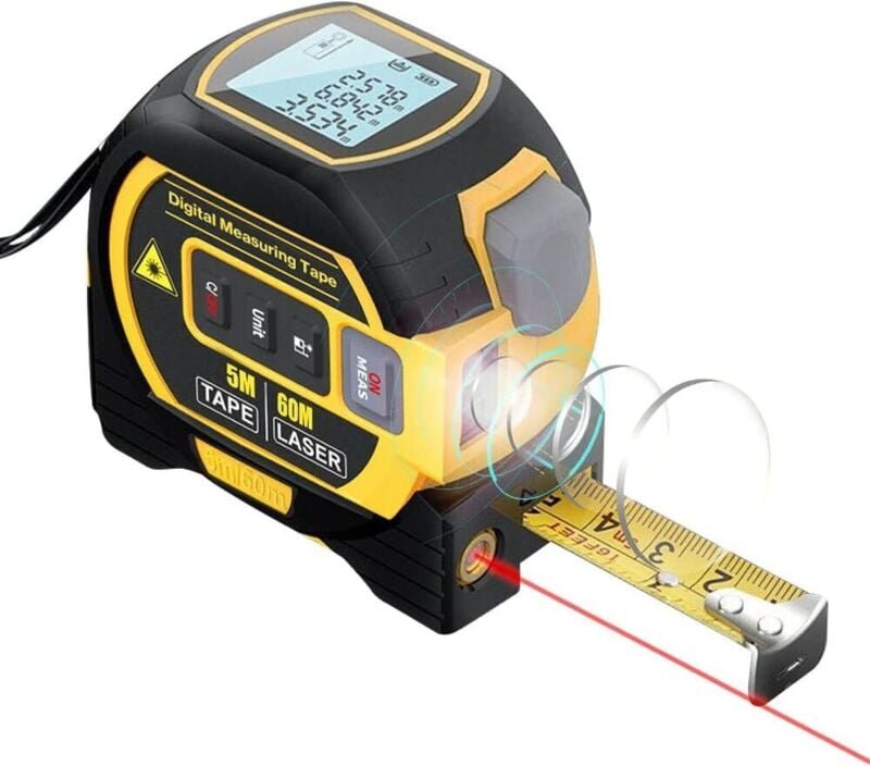 3-in-1 Laser-Entfernungsmesser, Reichweite bis zu 60 m, mit Kreuzlinienlaser, Maßband, Speicher für 20 Messwerte, 5-m-Ba...